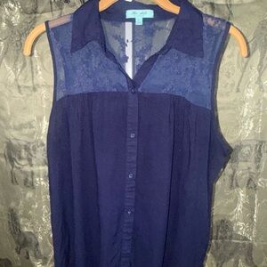Navy Sleeveless Lace-Yoke Button-Front Top